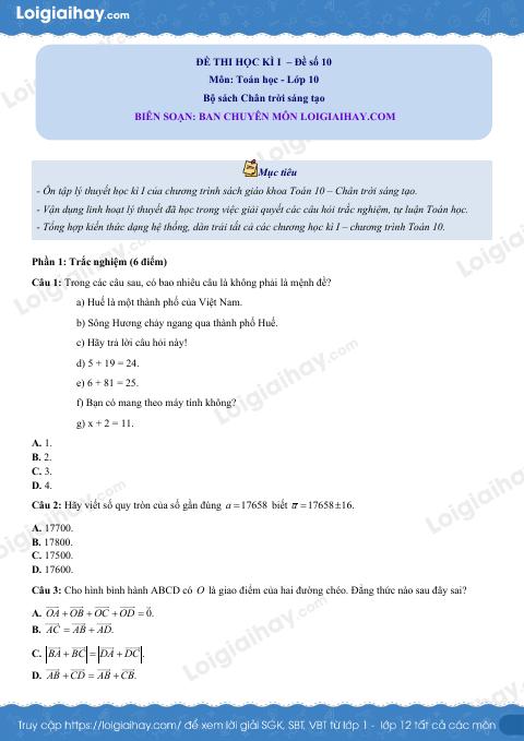 Đề thi học kì 1 Toán 10 Chân trời sáng tạo - Đề số 10